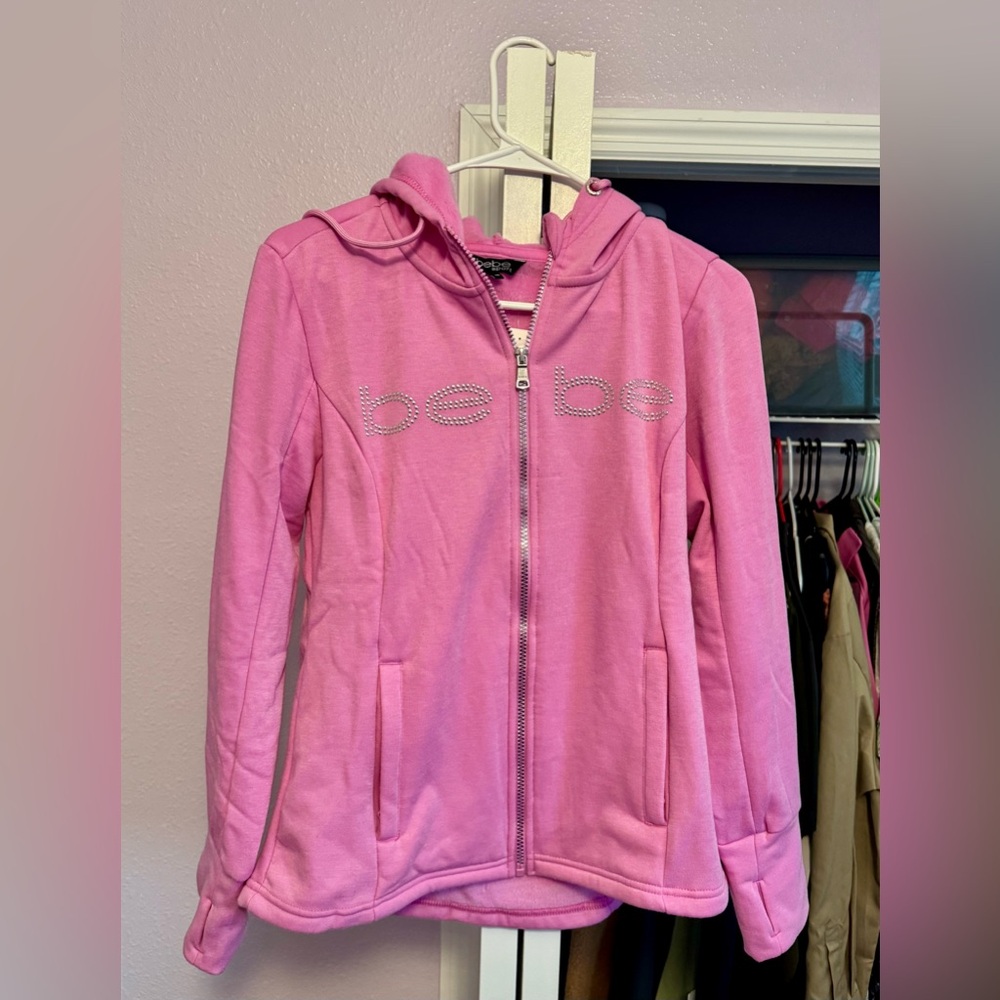 Bebe Sport Nailhead Logo Women’s Pink Full Zip Hoodie W/thumb Holes. Medium. NWT